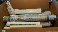 Box containing multiple rolled posters including City of Philadelphia laminated map and several museum posters. Some posters unopened.