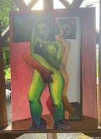 Photo of an unframed oil painting showing two human figures with one reflected in a mirror, rendered in abstract, vivid colors.