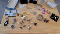 Wide view of all costume jewelry items laid out on table including pins, brooches, earrings, tie clips, bracelet, necklaces, and accessories.