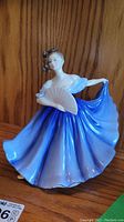 Full view of Royal Doulton Elaine figurine showing the flowing blue dress and fan.