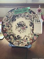 Full view of the antique Mossway soup bowl showing decorative floral and architectural design and seller's note displaying the Mossway marking and circa 1880 date.