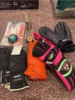 Full view of all lot items including gloves, hat, exerciser, and modern art skier statue.