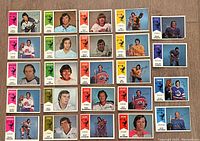 Full layout of 24 assorted WHA hockey cards showing players in color portrait photographs and mid-action poses with their team banners.