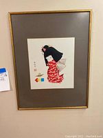 Full view of framed print showing Asian child in red kimono, gray mat, gold frame, dimensions approximately 16x20.5 inches.