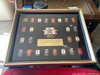 Full view of framed set with all 24 pins arranged in three sides around central logo