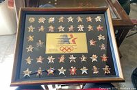 Overall view of the wood framed display with multiple Olympic pins arranged around a central plaque.