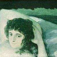 Close-up image showing the face and upper body of the nude woman in the painting, highlighting the brushwork and color tones.