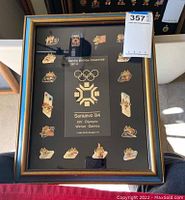 Framed set of multiple Sarajevo 84 XIV Olympic Winter Games enamel pins mounted on black backing with event and Olympic rings details, in a dark wood frame.