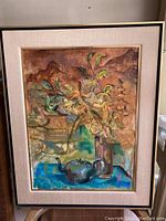 Framed original painting featuring a vase with multi-colored leaves, fruit on table, and textured warm background.