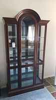 Full front view of a dark wood framed single door glass display cabinet with mirrored back and arched top.