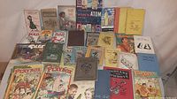 Wide view of entire lot showcasing assortment of vintage children's books and magazines of different sizes, colors and themes.