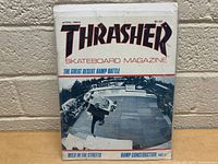 Front cover of April 1983 Thrasher Skateboard Magazine showing a skateboarder grinding on a ramp with headline 'The Great Desert Ramp Battle'.