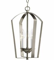 Photo showing the Progress Lighting pendant light fixture with 3 light bulbs and brushed nickel frame in a lantern-style design.