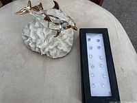 View of glass dolphins mounted on coral base and colorful stud earrings in box on a neutral surface.