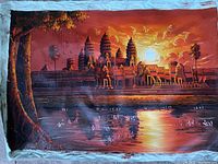 Full view of the painting showing the temple complex at sunrise with tree and reflections in water