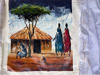 Painting depicting African village scene with thatch hut, tree, and three figures in colorful robes.