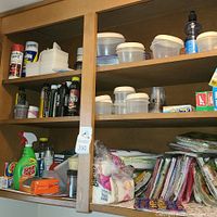 Two images of wooden shelving containing various bottles of cleaning products, plastic storage containers with lids, packages of napkins and other household items. Shelves are filled with a mix of new and used items.