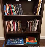 Shelf showing Monet Water Lilies book, assorted fiction and non-fiction books, and board games scattered.