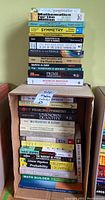Books stacked vertically showing spines with titles primarily math and some science books.