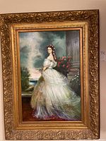 Large 38x50 inch oil portrait painting of a woman in white dress with ornate gold carved frame