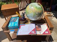 Photo of globe, filing folders in package, pen holder, and rolling cart