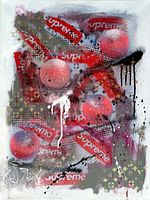 Front view of the original abstract painting showing red balls and Supreme logos with layered paint textures and splashes.