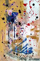 Front view of the colorful abstract acrylic painting showing various color splashes and artist signature.