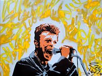Close-up of painting front center showing Bowie's face and yellow graffiti details