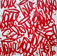 Front view of the canvas with red 'LOVE' text repeating and gold splashes on white background