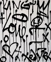 Front view of the canvas showing the black graffiti text and symbols on a white background.