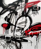 Close-up image showing detail of abstract black, white, and red spray paint lines and drips on canvas, signature visible.