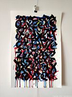 Full view of the hand-signed original abstract painting on watercolor paper showing vibrant background colors with layered black calligraphic ink and enamel marks.