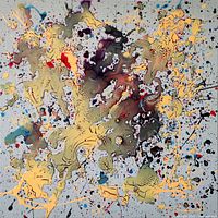 Frontal view of square canvas covered in abstract golden, purple, red, black, and blue paint splatters on light grey background