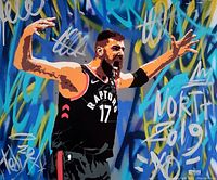 Close-up of the central basketball player figure in black Raptors #17 jersey against graffiti background