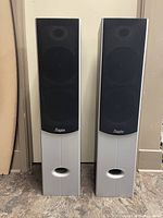 Pair of Braxton floor standing speakers with black front grille and gray lower section.