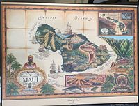 Framed illustrated map print of Island of Maui with vintage style and decorative elements.