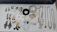 Full lot overview of assorted jewelry laid out on white surface, showing all necklaces, rings, bracelets, earrings, and snowman pin.