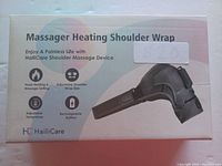 Box front showing product name and main features: three massage settings, adjustable shoulder size, adjustable temperature, rechargeable battery.