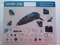 Top view of rotary tool kit box showing the image of the rotary tool, features, and all included 153 pieces.
