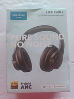 Front side of the product box showing the Soundcore Life Q20+ headphones and features like Hi-Res Audio and Hybrid ANC.