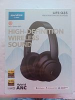 Front of retail box showing Soundcore Life Q35 headphones with Hi-Res audio, hybrid ANC, and other key features.