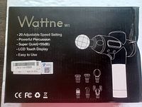 Front of the product box showing brand, model, and features including 20 speed settings, powerful percussion, super quiet operation, LCD touch display, and easy to use.