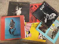 Visible Steve Martin and George Carlin vinyl records among the lot. Various other comedy records with illustrated and photographic covers.