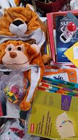 Photo showing lion and monkey plush hats, assorted books, office supplies, and a Bugs Bunny rain poncho.