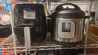 Gourmia Air Fryer and Instant Pot Duo Nova pressure cooker side by side on shelf, showing external appearance and controls