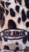 Close-up of fabric showing Solaron brand stitched logo on plush animal print material.