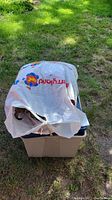 Photo of a covered plastic bin outdoors, partially covered with a plastic bag suggesting it is filled with crafting or holiday materials.