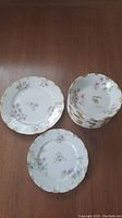 Stack of eleven 13 cm diameter dishes with scalloped edges and floral patterns alongside two larger plates, displayed on a wooden surface.