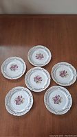 Six antique reticulated porcelain plates arranged in a circular pattern showing central floral decoration and pierced lace rim design.