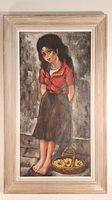 Full frontal view of the framed oil painting showing the woman standing barefoot with a basket in front.